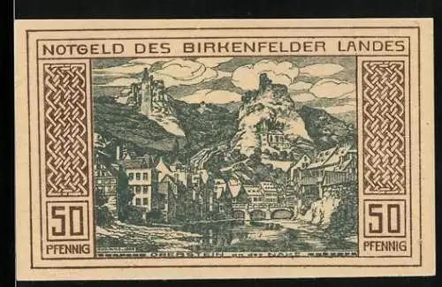 Notgeld Birkenfeld, 1921, 50 Pfennig, Landschaft und Goldschmiede am Werktisch