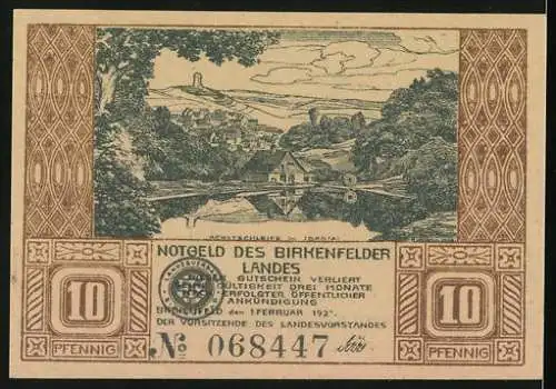 Notgeld Birkenfeld 1921, 10 Pfennig, Bergmann und Dorflandschaft, Nummer 068447