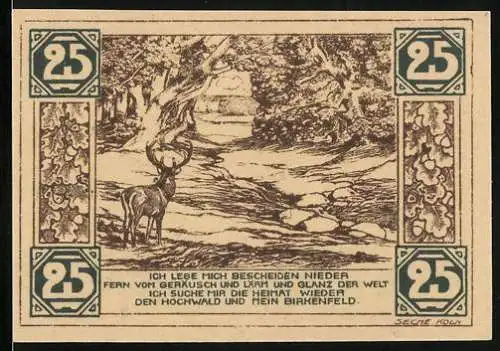 Notgeld Birkenfeld, 1921, 25 Pfennig, Hirsch und Stadtansicht, Seriennummer 008048