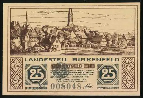 Notgeld Birkenfeld, 1921, 25 Pfennig, Hirsch und Stadtansicht, Seriennummer 008048