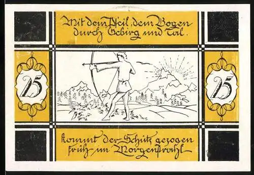 Notgeld Bilsen 1921, 25 Pfennig, Motiv Bogenschütze mit Bergen und Sonne, Gültigkeit bis 31. Dezember 1921