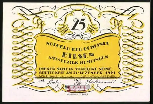 Notgeld Bilsen 1921, 25 Pfennig, Motiv Bogenschütze mit Bergen und Sonne, Gültigkeit bis 31. Dezember 1921