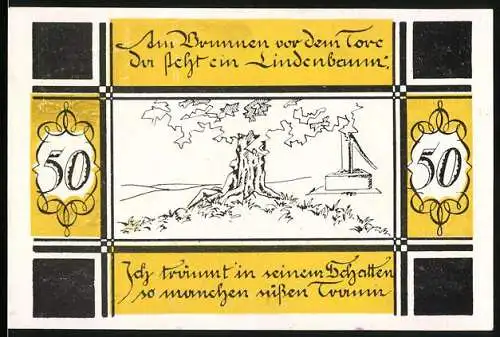 Notgeld Bilsen, 1921, 50 Pfennig, Motiv mit Lindenbaum, Inschrift Ich träumt in seinen Schatten so manchen süssen ...