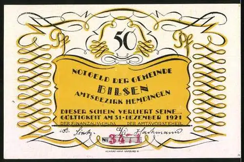 Notgeld Bilsen, 1921, 50 Pfennig, Motiv mit Lindenbaum, Inschrift Ich träumt in seinen Schatten so manchen süssen ...