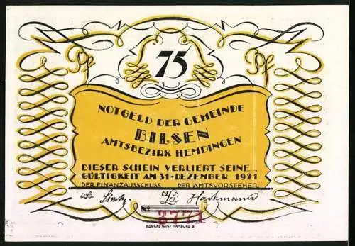 Notgeld Bilsen 1921, 75 Pfennig, Amtsbezirk Hemdingen mit Motiv eines Wanderers und Gedicht