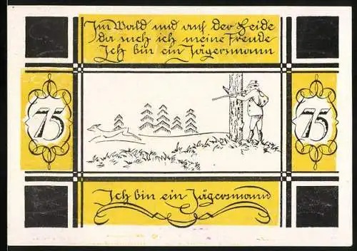 Notgeld Bilsen 1921, 75 Pfennig, Jägermotiv und Gültigkeitshinweis in Gelb und Schwarz