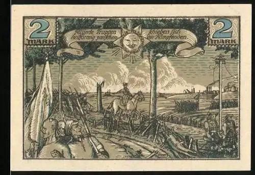 Notgeld Bielschowitz, 1921, 2 Mark, Alliierte Truppen ziehen sich zurück, Soldat vor brennenden Häusern und Fabriken