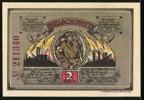 Notgeld Bielschowitz, 1921, 2 Mark, Alliierte Truppen ziehen sich zurück, Soldat vor brennenden Häusern und Fabriken