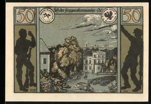 Notgeld Bielschowitz 1921, 50 Pfennig, Soldat vor brennendem Hintergrund mit Fabriken und Stadtansicht