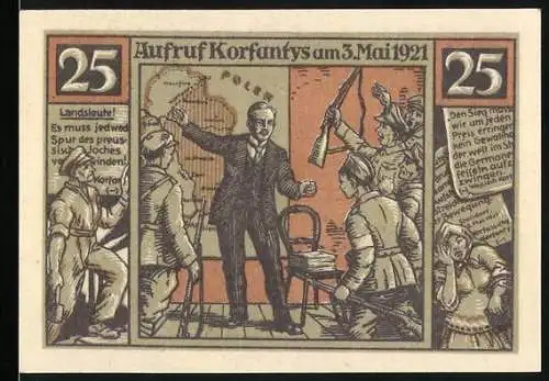 Notgeld Bielschowitz 1921, 25 Pfennig, Aufruf Korfantys und Industriearbeiter mit brennenden Fabriken