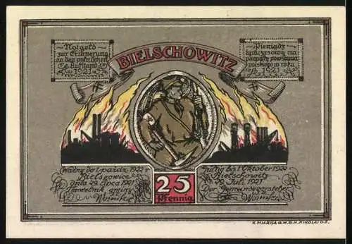 Notgeld Bielschowitz 1921, 25 Pfennig, Aufruf Korfantys und Industriearbeiter mit brennenden Fabriken