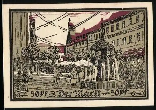 Notgeld Aschersleben, 1921, 50 Pfennig, Marktszene und Stadtkasse