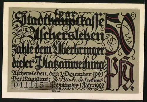 Notgeld Aschersleben, 1921, 50 Pfennig, Marktszene und Stadtkasse