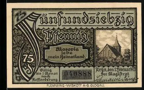 Notgeld Arys / Ostpreussen 1921, 75 Pfennig, Kirche, Rückseite Adler, Ausgabe zur Erinnerung an 13. Juli 1920