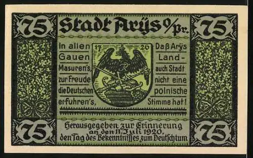 Notgeld Arys / Ostpreussen 1921, 75 Pfennig, Kirche, Rückseite Adler, Ausgabe zur Erinnerung an 13. Juli 1920