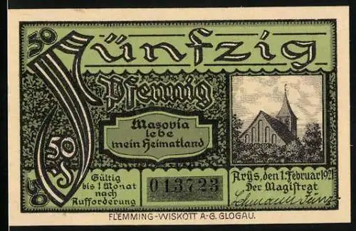 Notgeld Arys / Ostpreussen 1921, 50 Pfennig, mit Kirche und Schriftzug Masovia lebe mein Heimatland