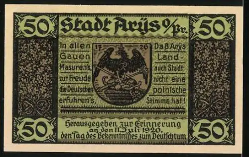 Notgeld Arys / Ostpreussen 1921, 50 Pfennig, mit Kirche und Schriftzug Masovia lebe mein Heimatland