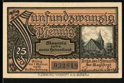 Notgeld Arys 1921, 25 Pfennig, Masovia lebe mein Heimatland, Stadt Arys, 25er, zur Erinnerung an den 11. Juli 1920