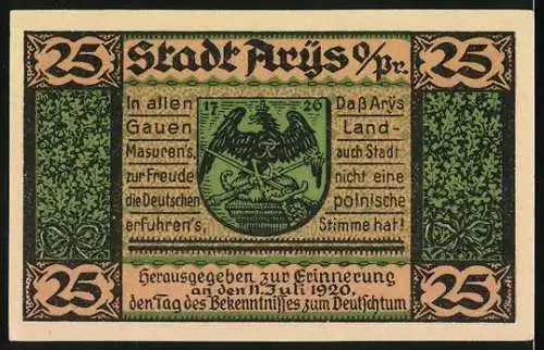 Notgeld Arys 1921, 25 Pfennig, Masovia lebe mein Heimatland, Stadt Arys, 25er, zur Erinnerung an den 11. Juli 1920