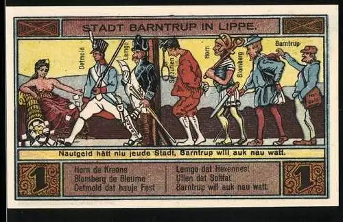Notgeld Barntrup 1921, eine Mark, Stadtwappen und historische Zeichnung von Figuren