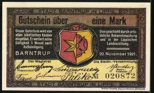 Notgeld Barntrup 1921, eine Mark, Stadtwappen und historische Zeichnung von Figuren