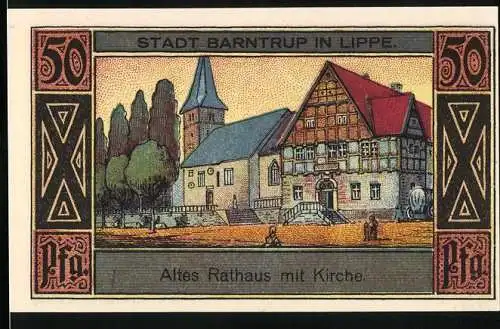 Notgeld Barntrup 1921, 50 Pfennig, Altes Rathaus mit Kirche, Stadtwappen und Gültigkeitsinformation