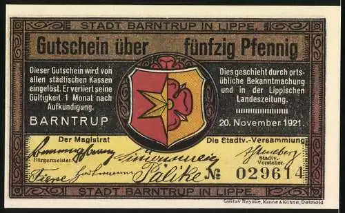 Notgeld Barntrup 1921, 50 Pfennig, Altes Rathaus mit Kirche, Stadtwappen und Gültigkeitsinformation