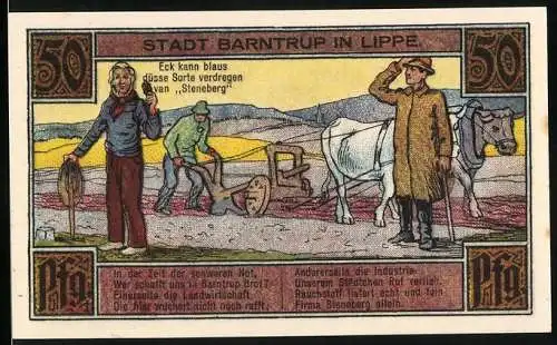 Notgeld Barntrup in Lippe, 1921, 50 Pfennig, landwirtschaftliche Szene und Stadtwappen, gültig für 1 Monat