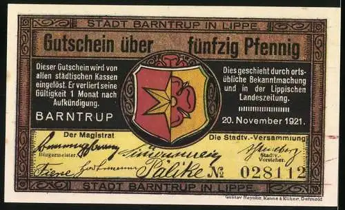 Notgeld Barntrup in Lippe, 1921, 50 Pfennig, landwirtschaftliche Szene und Stadtwappen, gültig für 1 Monat