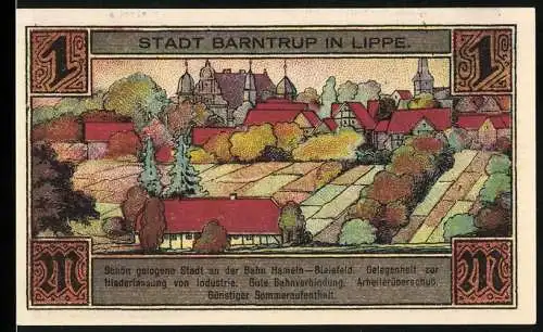 Notgeld Barntrup 1921, 1 Mark, Stadtansicht und Wappen, Gutschein über eine Mark