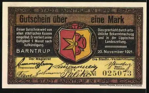 Notgeld Barntrup 1921, 1 Mark, Stadtansicht und Wappen, Gutschein über eine Mark