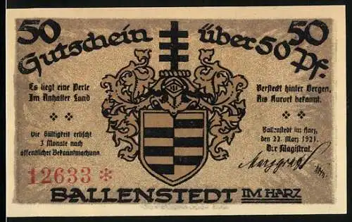 Notgeld Ballenstedt 1921, 50 Pfennig, Stadtwappen und Rathaus Abbildung