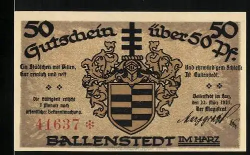 Notgeld Ballenstedt, 1921, 50 Pfennig, Gutschein mit Wappen und Rathaus, Ballenstedt im Harz