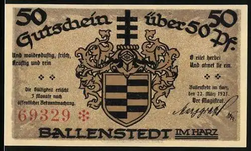 Notgeld Ballenstedt 1921, 50 Pfennig, Rathaus und Wappen mit Löwenkopf