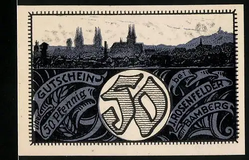 Notgeld Bamberg, 50 Pfennig, Gutschein bei J. Rosenfelder, Stadtansicht, Seriennummer 2313