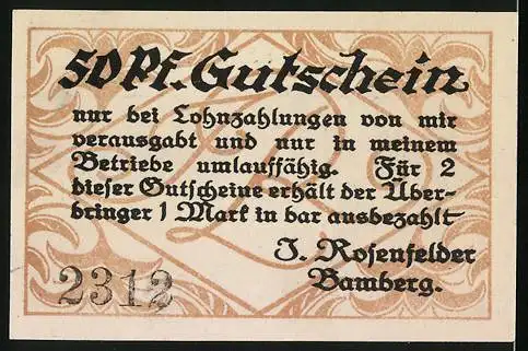 Notgeld Bamberg, 50 Pfennig, Gutschein bei J. Rosenfelder, Stadtansicht, Seriennummer 2313