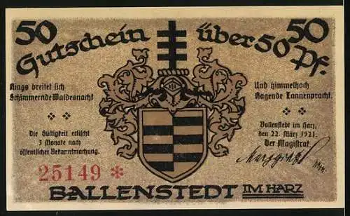 Notgeld Ballenstedt im Harz, 1921, 50 Pfennig, Rathaus und Wappen, Louis Koch Halberstadt