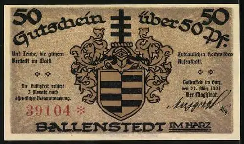 Notgeld Ballenstedt, 1921, 50 Pfennig, Rathaus und Wappen, Ballenstedt im Harz, Louis Koch Halberstadt