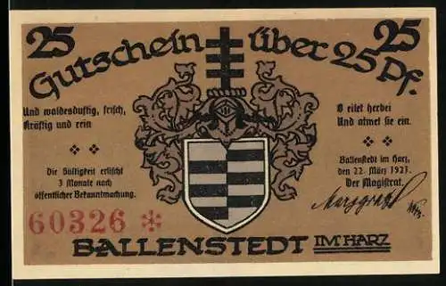 Notgeld Ballenstedt 1921, 25 Pfennig, Gutschein mit Wappen und Denkmal Albrecht des Bären
