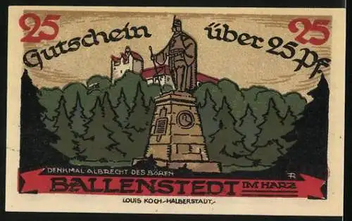 Notgeld Ballenstedt 1921, 25 Pfennig, Gutschein mit Wappen und Denkmal Albrecht des Bären