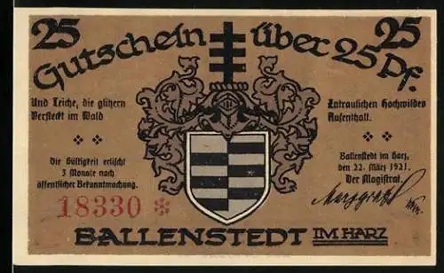 Notgeld Ballenstedt 1921, 25 Pf, Gutschein mit Wappen und Denkmal Albrecht des Bären
