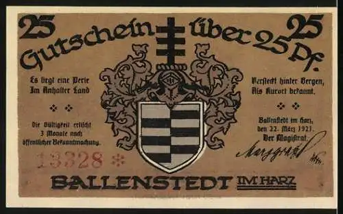 Notgeld Ballenstedt im Harz 1921, 25 Pf, Denkmal Albrecht des Bären, Wappen und Burgansicht