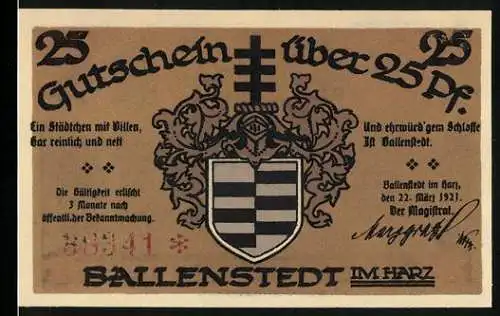 Notgeld Ballenstedt 1921, 25 Pf, Stadtwappen und Denkmal Albrecht des Bären