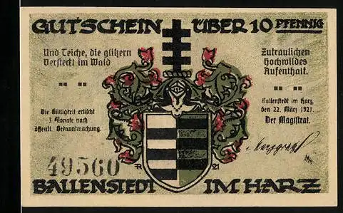 Notgeld Ballenstedt im Harz, 1921, 10 Pfennig, Gutschein über 10 Pfennig mit Wappen und Gebäudeillustration