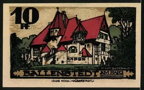 Notgeld Ballenstedt im Harz, 1921, 10 Pfennig, Gutschein über 10 Pfennig mit Wappen und Gebäudeillustration