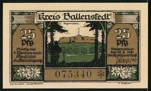 Notgeld Ballenstedt, 1921, 25 Pfennig, Stadtansicht mit Markt und Kirche, Landschaft mit Blumen und Bäumen