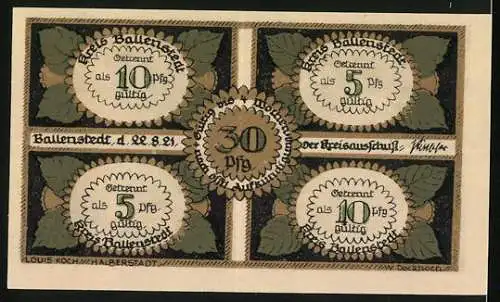 Notgeld Ballenstedt, 1921, 30 Pfennig, Märchenszenen mit Zwergen und Nennwerte auf Vorderseite