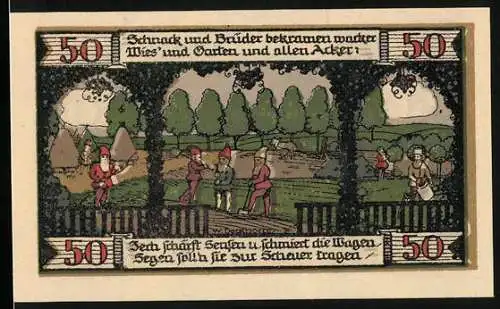 Notgeld Ballenstedt, 1921, 50 Pfennig, bäuerliche Szenen und Stadtansicht
