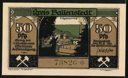 Notgeld Ballenstedt, 1921, 50 Pfennig, bäuerliche Szenen und Stadtansicht