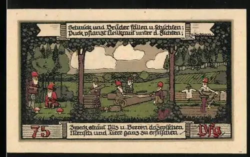 Notgeld Ballenstedt 1921, 75 Pfennig, Waldarbeit und Schlossansicht